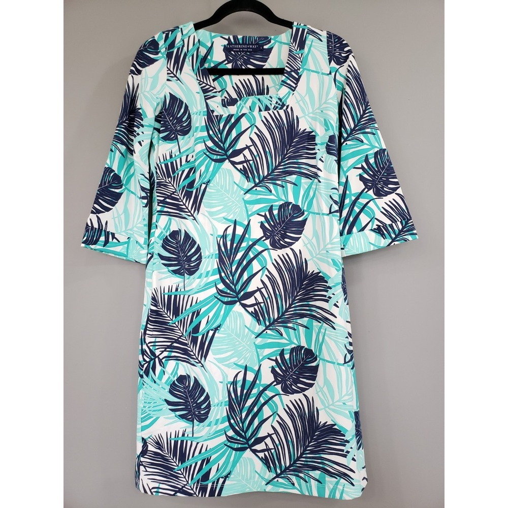 NWOT Katherine Way UPF Shirt Dress Preppy Coastal Nautical Tropical Palm Leaf